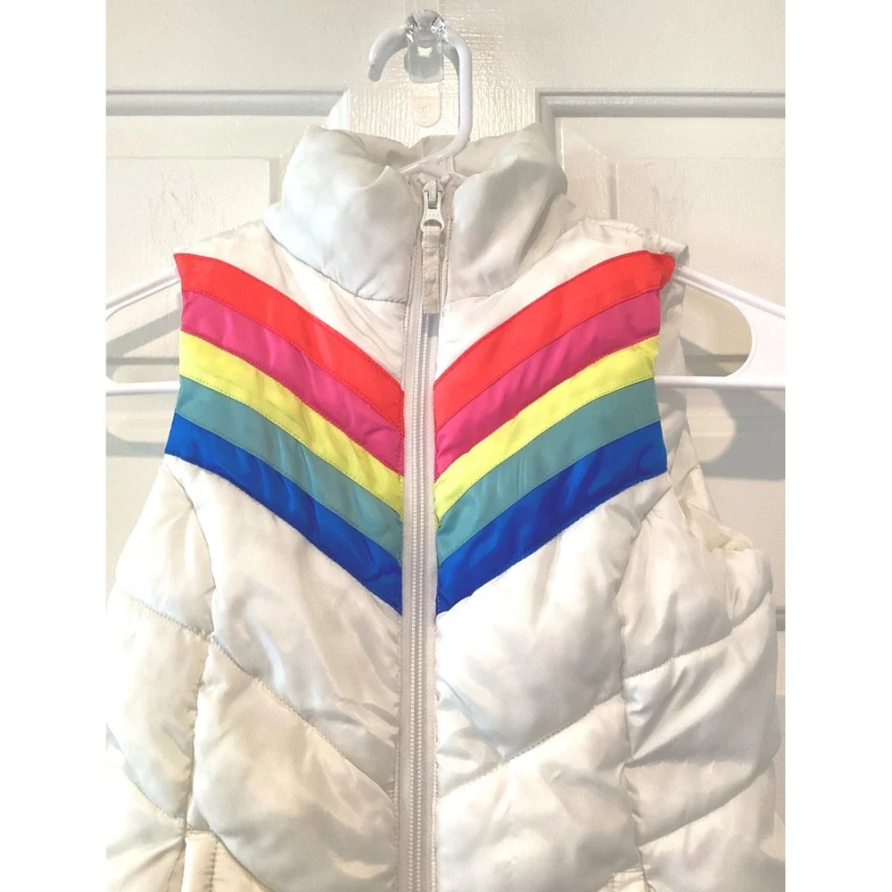 Girls Rainbow White Quilted Puffer Vest Chevron Stripes - Youth Med 10/12